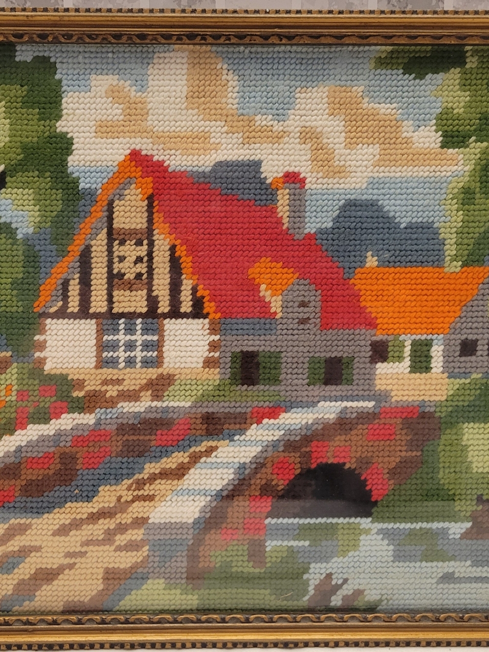Framed Needlepoint Cottage Wall Art in Red and Orange